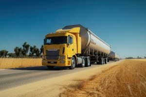yellow semi truck driving down a road