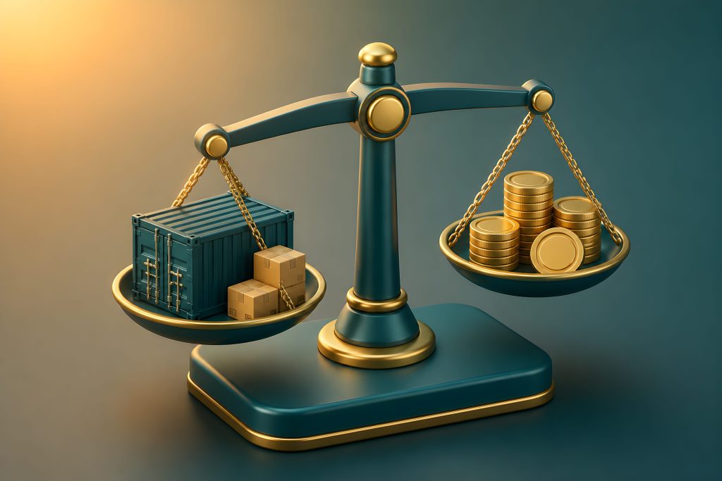 A 3D balance scale compares shipping crates and packages on one pan to stacks of gold coins on the other.